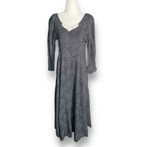 Vintage 80s Black White Flowy Polka Dot Long Sleeve Maxi Dress Lace Collar